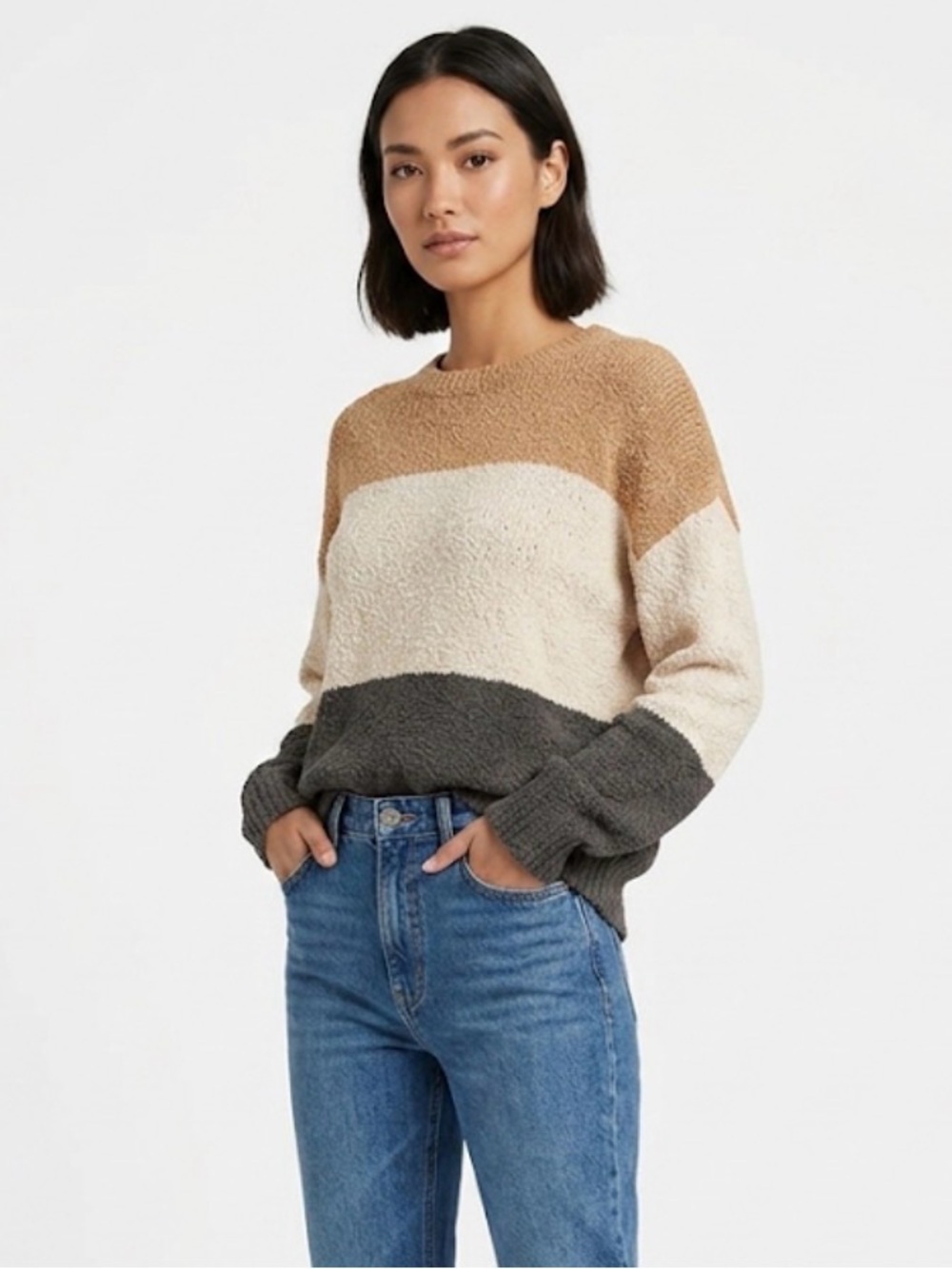 Cozy Colorblock Women's Long Sleeve Sweater in Brown, Cream, and Tan